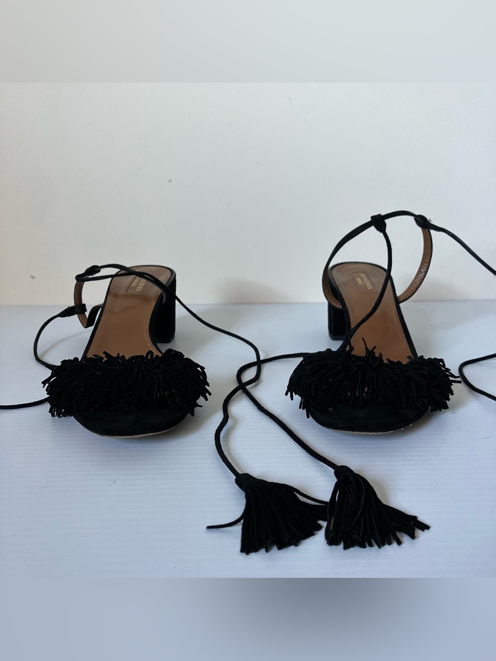 Aquazzura Black Tassel Lace-Up Block Heel Sandals | Designer Heels size 40.5 - Picture 2 of 12